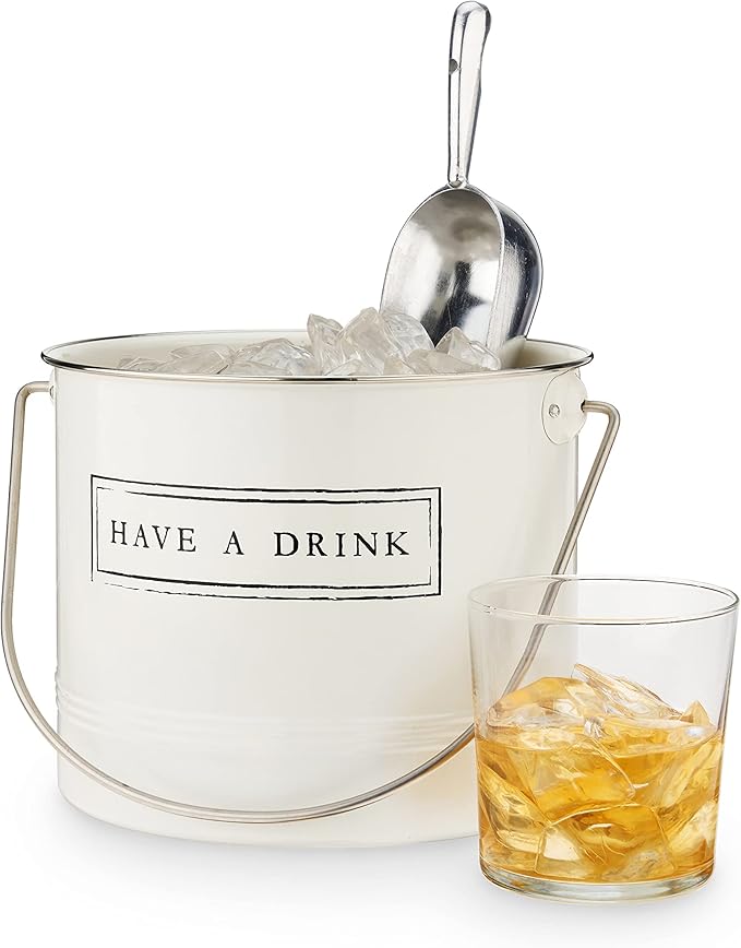 Twine Have A Drink White Enameled Metal Ice Bucket & Scoop for Parties - Wine Bottle And Beer Bottle Bucket in 1 Gallon