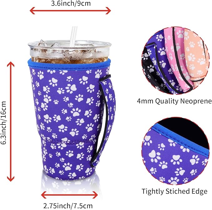 4Pack Reusable Iced Coffee Sleeve Insulator Sleeves for Cold Drinks Beverages, Neoprene Cup Holder With Handle for Most Coffee, Fits 30-32 Oz Large Cups, Paw with handle