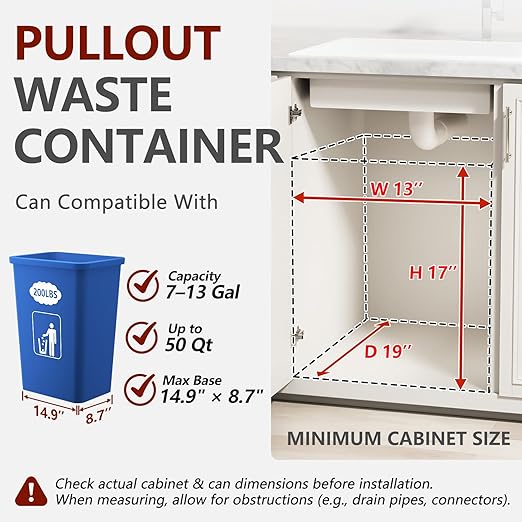 ANASTA Under Sink Trash Can Pull Out Trash Hidden for 30-50 Qt 7-13 Gallon Garbage Can Under 13" Wx19 Dx17 H Cabinet, Silver Pull Out Kit with Full Extension Slide for Kitchen and Bathroom, Not Bin