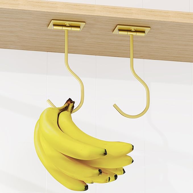 bussdis Adhesive Banana Hook Under Cabinet: 2-Pack Foldable Metal Banana Hanger, Space-Saving Under Counter Banana Holder for Kitchen & RV, Gold