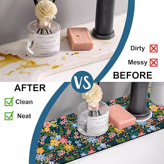 Colorful Flower Kitchen Sink Splash Guard Faucet Mat Flowers Leaves Super Absorbent Fast Drying Mat Sink Splash Guard Behind Faucet for Kitchen Bathroom, 23.5"x5.5"