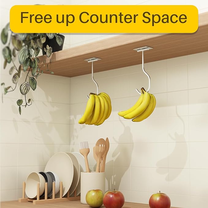 bussdis Under Cabinet Banana Hook Foldable - Adhesive Banana Hanger Under Counter, Heavy Duty Stainless Banana Holder (13lb), Magnetic Fold-Up When Not in Use, Premium Material, Silver