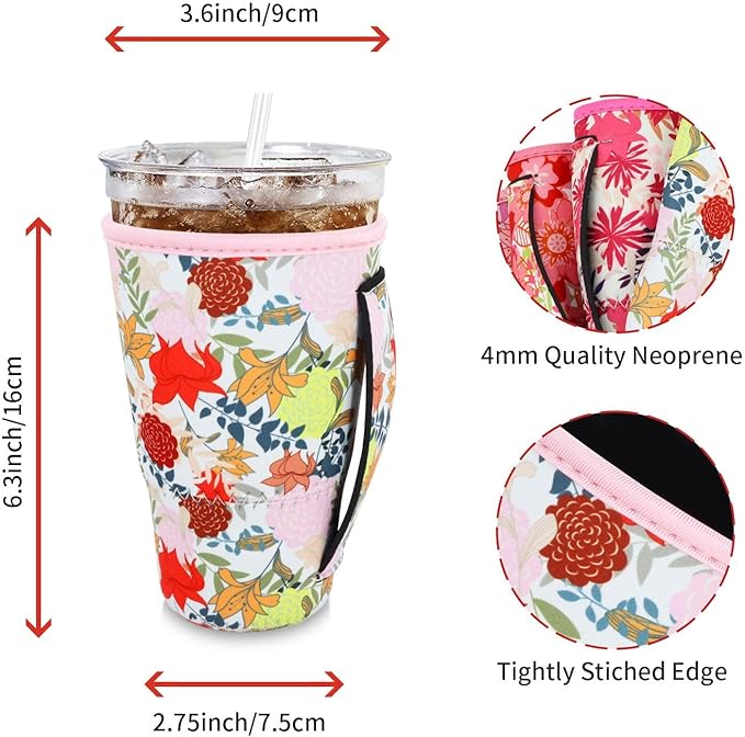 4Pack Reusable Iced Coffee Sleeve Insulator Sleeves for Cold Drinks Beverages, Neoprene Cup Holder for Most Coffee, Fits 30-32oz Large Cups (Blooming Bright)