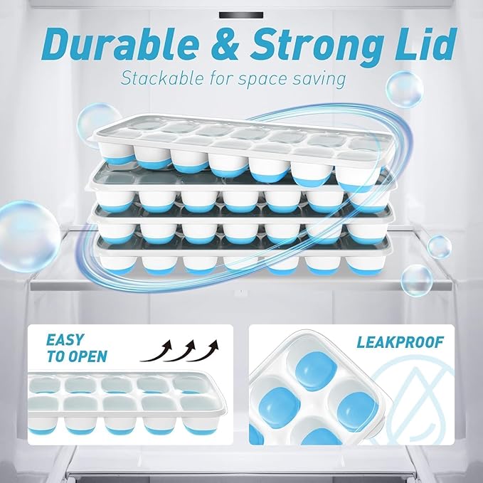 ChefAide Ice Cube Tray with Lid, 4 Packs 56 Cubes Durable Stackable Ice Cube Trays for Freezer with Removable Lids, Easy-Release Plastic & Silicone Ice Tray for Cocktail, Coffee