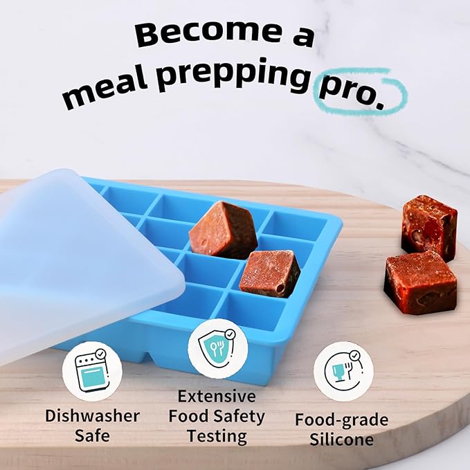 1/2-Cup & 1 Tbsp Silicone Freezer Molds - Perfect for Storing Garlic, Herbs, Ginger, Pesto, Tomato Paste, Freezing Soup,Stews,Sauces,Purees and More - Silicone Food Freezer Tray (Blue 4 Pack)