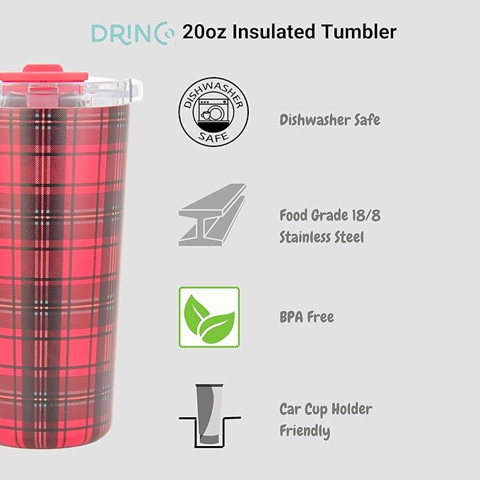 Drinco - 20 oz Stainless Steel Tumbler | Double Walled Vacuum Insulated Mug With Lid, 2 Straws, For Hot & Cold Drinks (20oz Tartan Plaid)