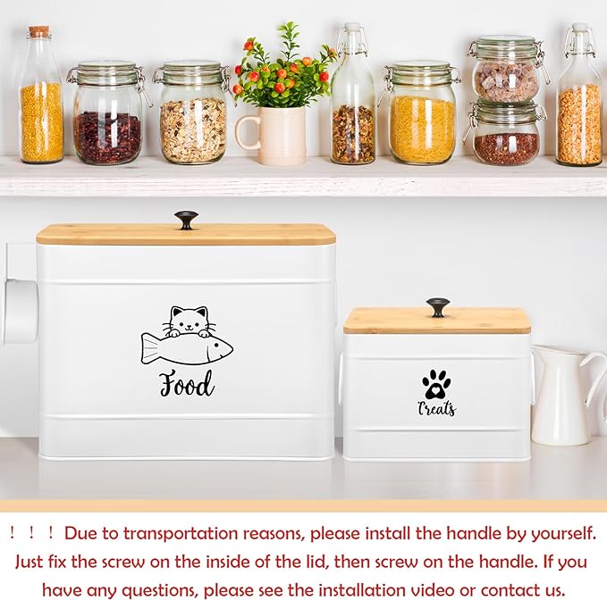Reallnaive Extra Large Metal Cat Food Containers Airtight 12+3.5 lbs Cat Treat Snack Jars Set of 2 with Bamboo Lids and Spoons Farmhouse Big Pet Cookie Storage Jars for Kitchen Counter Gifts(White)