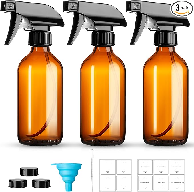 GIVAMEIHF 8oz Amber Glass Spray Bottles,3 Pack Glass Spray Bottles Refillable Empty Bottle with Adjustable Nozzle,Spray Bottle for Essential Oils,Cleaning Solutions,Pets,Hair Mister,Gardening