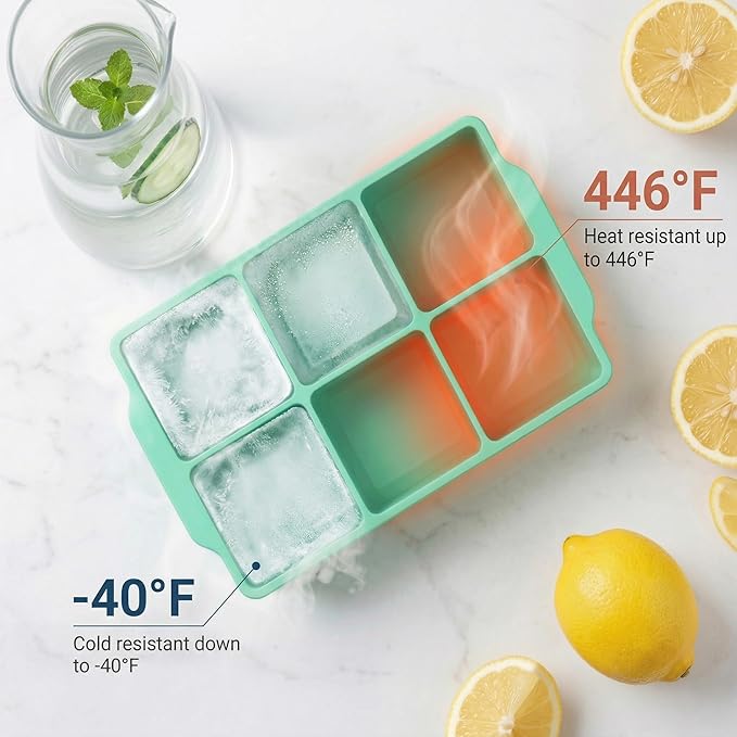 KitchFort Large Silicone Ice Cube Tray (2-Pack), Easy Release 2" Big Ice Cubes - Cocktail, Whiskey Ice Cubes Mold - Ice Trays for Freezer with Lid - Stackable Silicone Ice Tray - Green