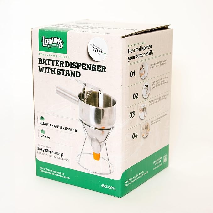 Lehman's Stainless Steel Batter Dispenser with Stand, Effortless Pancake, Waffle, and Crepe Batter Dispensing