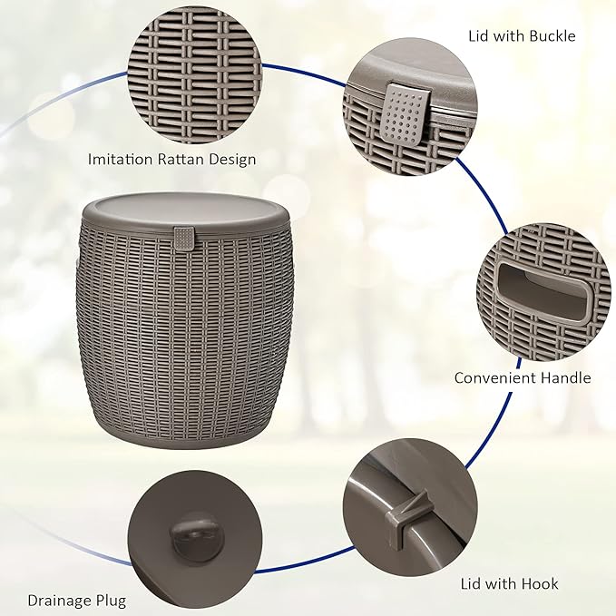 Giantex 9.5 Gallon Ice Cooler, Wicker Round Ice Chest, Outdoor Beer Wine Ice Bucket, Top Lid Side Handles Drainage Plug, Weather-resistant Patio Cool Bar Table for Cocktail Party Poolside Deck