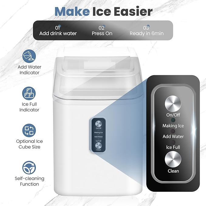 Dumos Nugget Ice Makers,Portable Ice Machine Countertop Ready in 6 Mins, 1.55L Water Tank, Self-Cleaning, for Office, Party, RV, Home, White