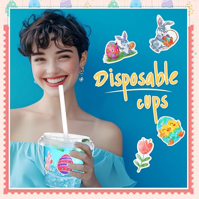Funnymoom 30 Set Easter Clear Plastic Cups with Lids & Straws, 24oz Disposable Rum Buckets Cocktail Pails Bulk with Handles & Stickers Creative Egg Hunt Baskets Party Favors for Adults