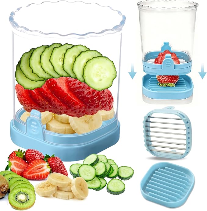 Strawberry Slicer：Fruit Slicer Cup Veggie Salad Speed Cutter for Strawberries Egg Banana Mushroom Cucumber Kiwi the Kitchen Portable Slicing Tool (Blue)