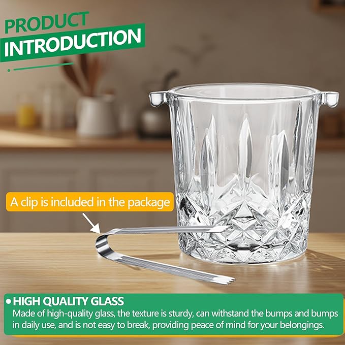 30.4oz Glass Ice Bucket with Handle Ice Tong 5 * 4.1inch Crystal Clear Cocktail Wine Champagne Cooler for Christmas Bar Parties Cocktail Accessories