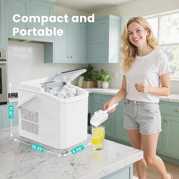 OLIXIS Ice Maker Machine with Handle,26lbs in 24Hrs,9 Ice Cubes in 6 Mins,Auto-Cleaning Portable Ice Maker with Basket and Scoop, Countertop Ice Maker for Home, Kitchen, Camping, RV - Sleek White