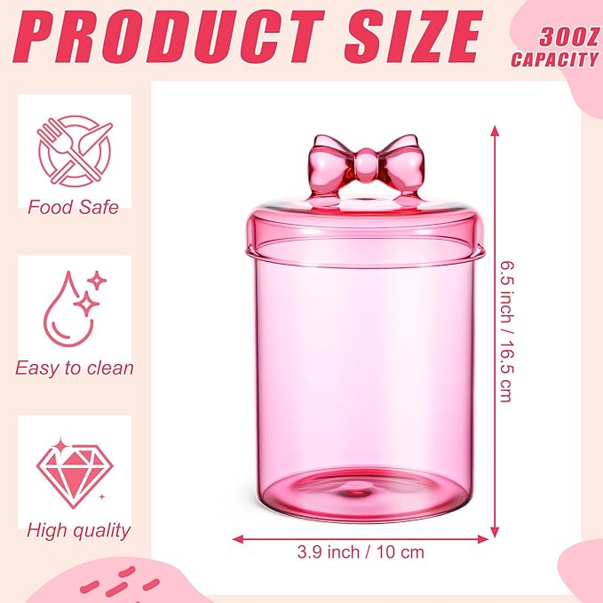 Meanplan 2 Pack Glass Candy Jar Storage Containers with Airtight Lid 30 oz Cute Food Storage Organizers for Hot Cocoa Bar Supplies, Overnight Oats,Kitchen Cookies,Coffee Beans,Dry Goods,Tea(Pink Bow)