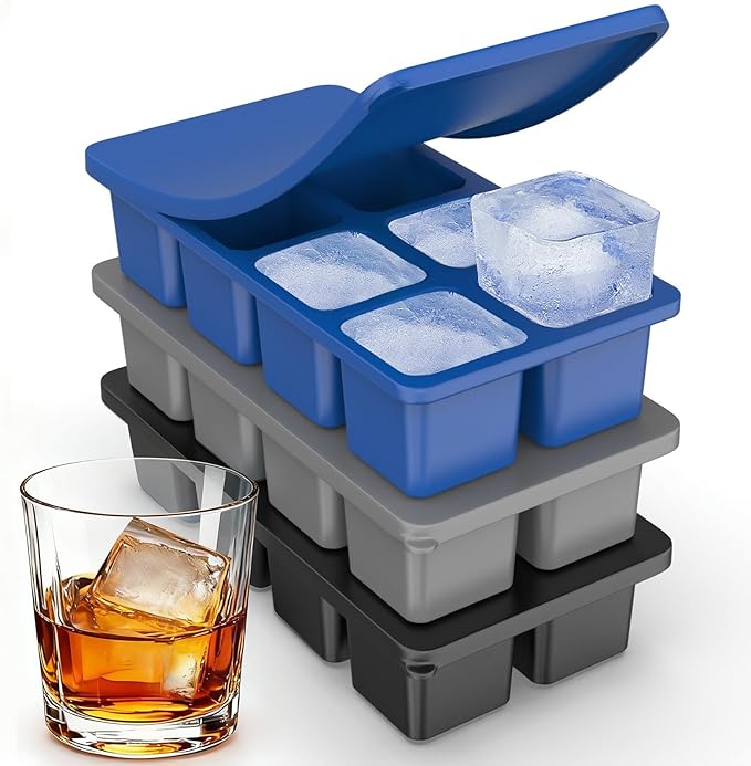Large Silicone Ice Cube Trays with Lids, ZDPMK 3 Pack Large Ice Cube Molds for Whiskey, Easy-Release 2 Inch Square Big Ice Cube Molds for Freezer, Cocktails, Iced Coffee, Baby Food, Dishwasher-Safe