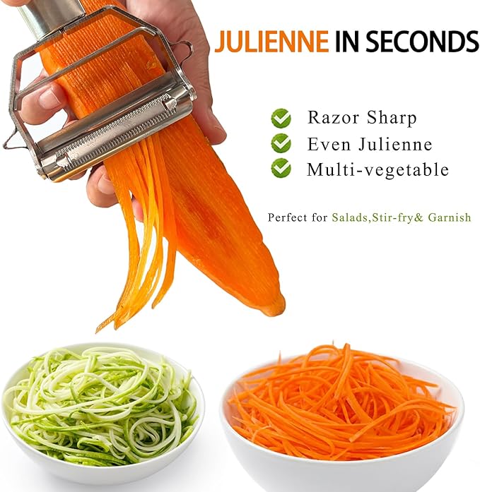 Sunkuka Julienne Peeler Stainless Steel Cutter Slicer with Cleaning Brush Pro for Carrot Potato Melon Gadget Vegetable Fruit