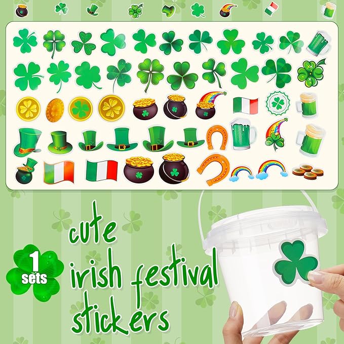 Funnymoom 30 Set St. Patrick's Day Cups 24oz Clear Plastic Rum Buckets with Lids Straws & Shamrock Stickers Disposable Pot of Gold Treat Pails Irish Green Party Favors for Adults Pub Crawl