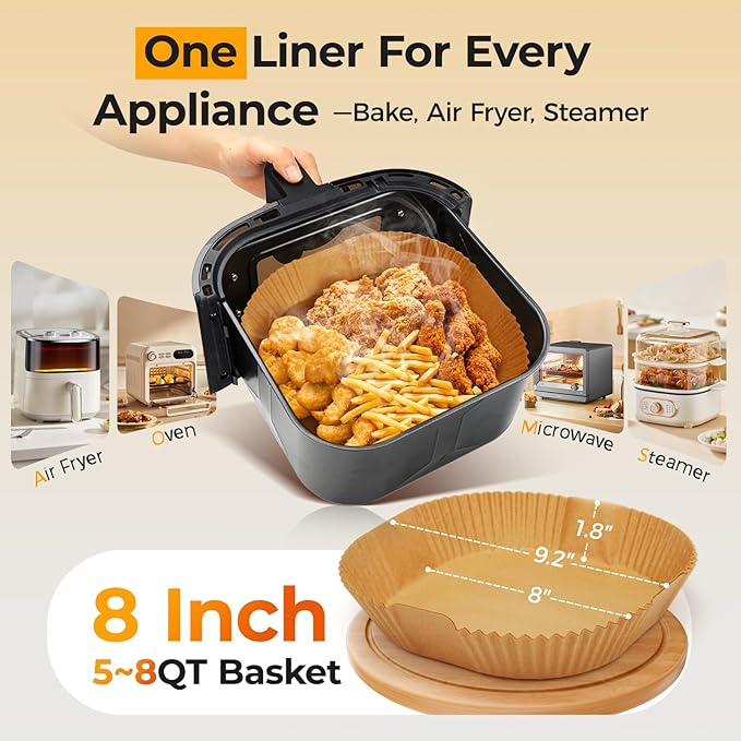 Air Fryer Paper Liners, 200pcs Air Fryer Liners Disposable, 8" Square Baking Paper Liner for 5-8 qt Airfryer Basket, Non-stick and Oil Proof Parchment Paper for Oven, Pans & Baking