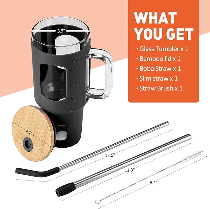 WINSA Glass Tumbler with Straw and Lid, 40 oz glass cup with handle, Glass Water Bottles with Time Marker, Silicone Protective Sleeve-Black