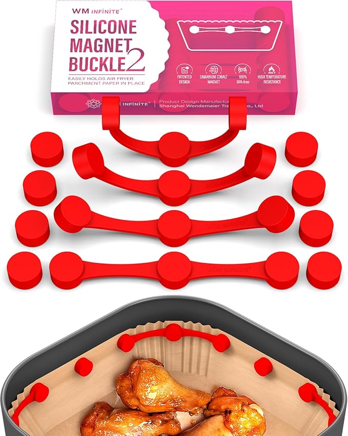 Air Fryer Magnet Silicone Buckle 2 for Holding Down Air Fryer Parchment Paper Liners, Prevent Disposable Paper Liner From Covering Food and Touching Heating Element to Burn (Upgraded RED)