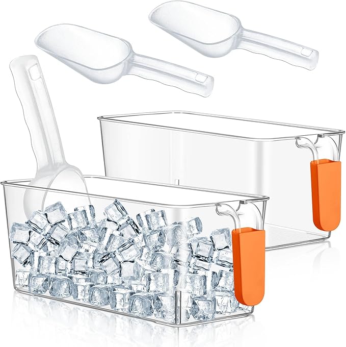 Havawish Ice Storage Bin and Flexible Scoop Set Plastic Freezer Bin with Pull out Handle Storage Bucket Clear for Container with Scoop(Orange,10.83 x 4.92 x 4.33 in,Classic)