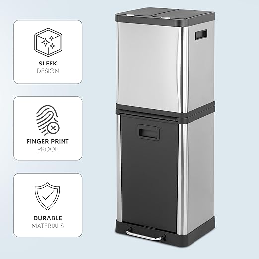 HOLDN’ STORAGE 36L Triple-Compartment Trash & Recycling Bin for Kitchen, Multi-Access Opening, Odor Control, Stainless Steel, 3 Trash Bag Rolls Included