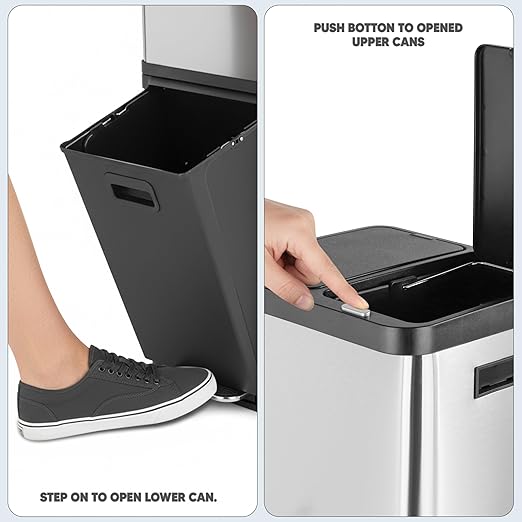 HOLDN’ STORAGE 36L Triple-Compartment Trash & Recycling Bin for Kitchen, Multi-Access Opening, Odor Control, Stainless Steel, 3 Trash Bag Rolls Included