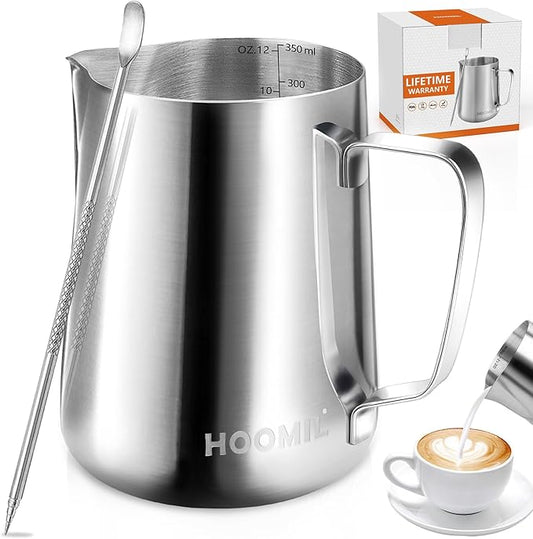 HOOMIL Milk Frothing Pitcher, 12oz/20oz/32oz Stainless Steel Steaming Pitcher Barista Milk Frother Cup Jug for Espresso Machine Coffee Cappuccino Latte Art - 12oz