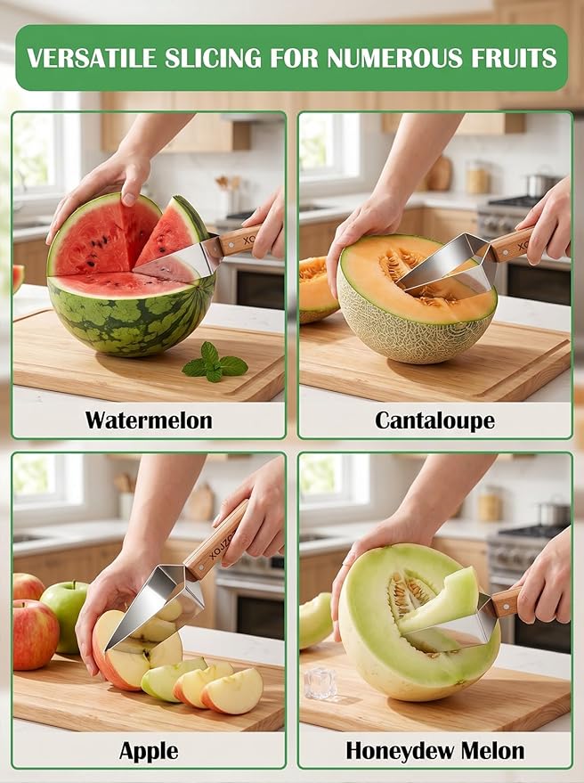 Triangle Watermelon Cutter, Stainless Steel with Wooden Handle - Melon Slicer, Fruit, Pineapple Fork Knife Gadgets Tool, Cantaloupe Peeler Cutting Summer Cut, for Kitchen Home Camping Picnic(2PCS)