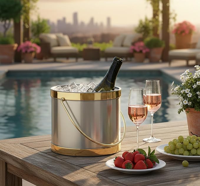 Made In USA Metallic Deco Collection Double Walled Insulated Ice Bucket With Ice Tongs (3-Quart, Silver & Gold)