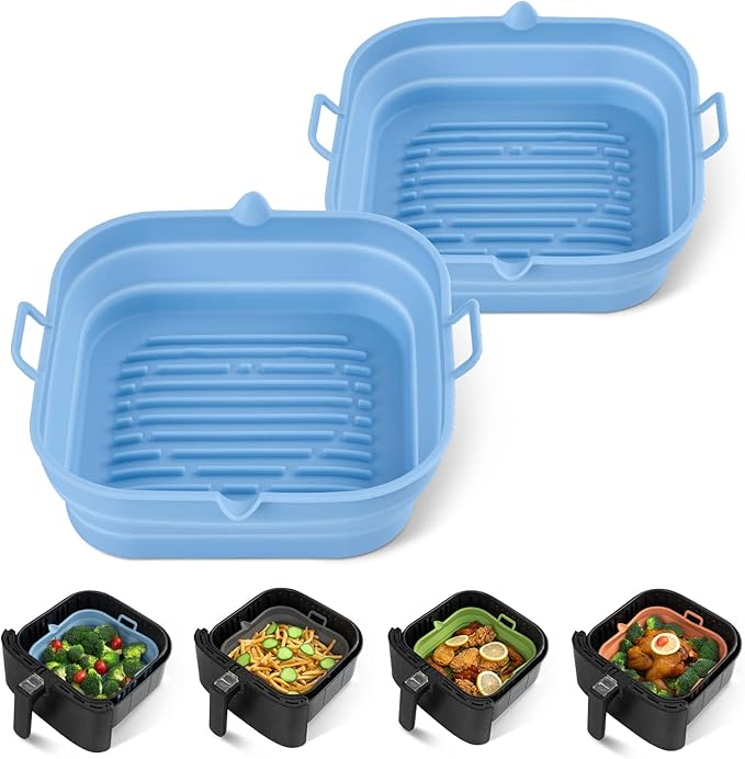[2 Pack] Silicone Air Fryer Liners Square - Reusable Airfryer Basket - Easy to Clean Air Fryers Pot for 5.8 to 8 Qt Large Air Fryer Baking Tray Oven Accessories, 8.5 Inch
