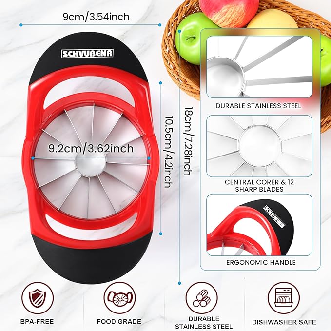 SCHVUBENR 3.5 Inch Apple Slicer with 12 Sharp Blades - Professional Apple Cutter - Stainless Steel Apple Corer - Super Sharp Apple Slicer and Corer - Slice Apple with Ease(Red)