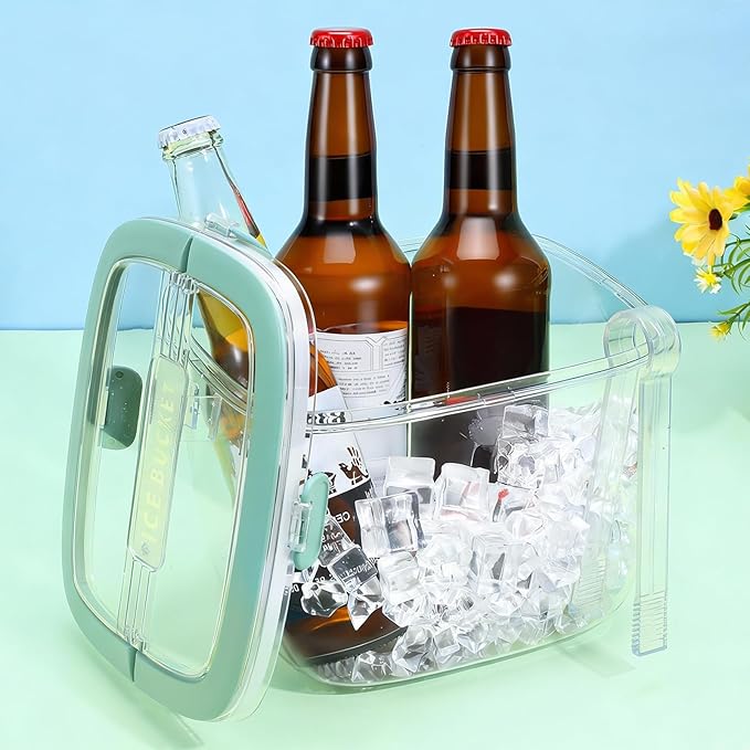5L Ice Cube Storage Bin with Lid and Tong, Clear Ice Bucket for Freezer Portable Plastic Refrigerator Containers Wine Ices Bucket with Handle for Whiskey Cocktail Bar Parties Outdoor Camping