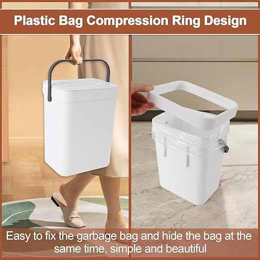 0.8 Gallon/3L Kitchen Compost Bin, Suitable for Countertops or Under Sink, Hanging Hook Trash Can with Lid, Ideal for Cabinets/Bathrooms/Bedrooms/Offices/Camping (White)