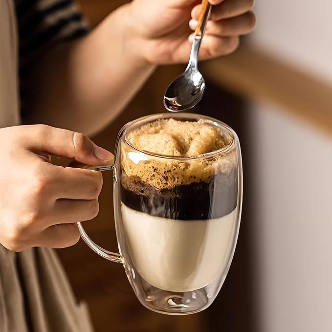 YMMIND Set of 2 Double Walled Glass Coffee Mugs 16 Ounces Insulated Layer Coffee Cups with Handle Borosilicate Glass Espresso Cup for Hot Beverage,Cappuccino,Tea,Latte,Wine,Microwave Safe