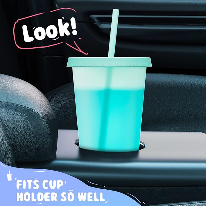 Meoky Plastic Color Changing Cups - 12 Pack 24 oz, Reusable with Lids and Straws for Adults, Kids, Parties, Cute Cold Cups for Iced Coffee