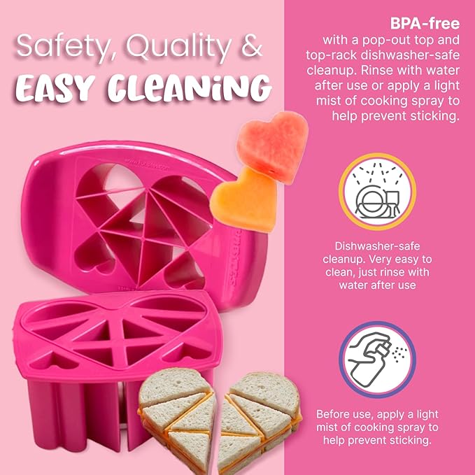 FUNBITES Crustless Sandwich Cutter for Kids Lunch (2-piece set), Uncrustable Sandwich Cutter, Bite-Size Food Cutter for Toddlers, Bento Box Accessories, BPA-FREE Dishwasher Safe, Pink Hearts 1pk