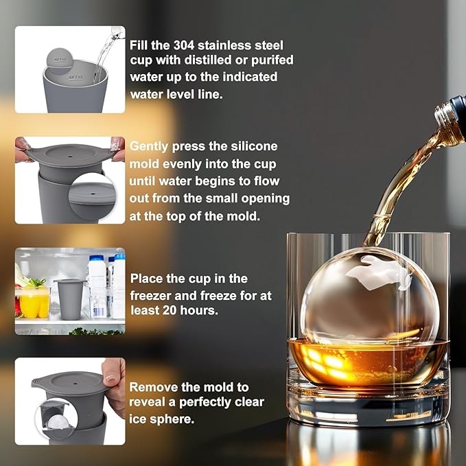 Clear Ice Cube Maker 2.5 Inch, Sphere Ice Ball Molds for Whiskey, Stainless Steel Clear Ice Mold with Non-BPA Silicone, Easy-Release Round Ice Cube Tray for Cocktails Bourbon (2 Pack, Gray)