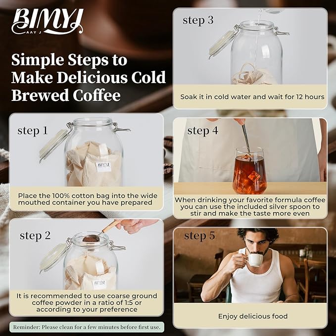 Reusable Cold Brew Bags & Cold Brew Coffee Bags Reusable | All Natural Organic Cotton Cold Brew Filter Bags 2-Pack + 2 Bonus 304 Silver Spoons