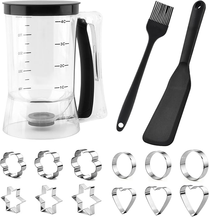 Pancake Batter Dispenser With Squeeze Handle Set, No Mess & Easy Pour, Includes Muffin, Hexagram, Heart and Flower Rings, Pastry Brush and Spatula – Ideal for Pancakes, Waffles and Cupcakes