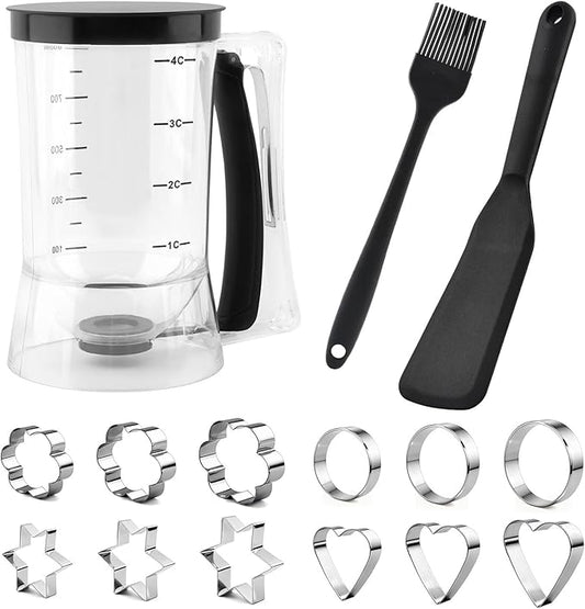 Pancake Batter Dispenser With Squeeze Handle Set, No Mess & Easy Pour, Includes Muffin, Hexagram, Heart and Flower Rings, Pastry Brush and Spatula – Ideal for Pancakes, Waffles and Cupcakes