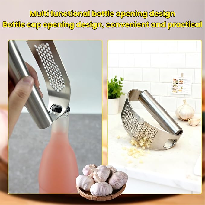 Garlic Press Stainless Steel, Heavy Duty Garlic Press Rocker, Garlic Mincer Garlic Crusher with Built-in Bottle Opener, Dishwasher Safe Kitchen Gadget for Effortless Garlic Chopping