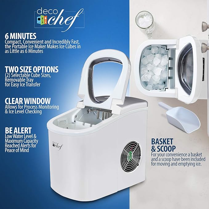 Deco Rapid Portable Automatic Electric Countertop Ice Maker - 6 Great Colors Compact Top Load 26 Lbs. Per Day Great for Party Hosting Never Run Out of Ice Again, Self Cleaning (White)