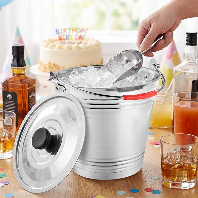 OBTANIM 3 Pack 7L Stainless Steel Metal Ice Buckets Champagne Drink Cooler Storage Ice Pails with Handle and Lid for Party Favors Organizing Home Parties Bar Cooling Supplies