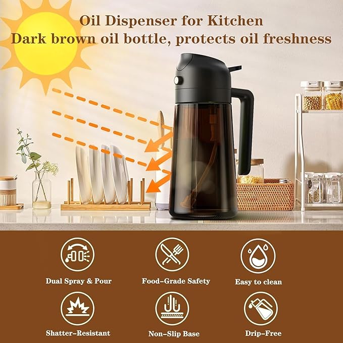OURCABECUE Kitchen Upgraded Made Oil Sprayer for Cooking, Dark Brown 2 in 1 Spray and Pour Mist Olive Oil Dispenser 16oz 470ml Glass Oil Spray Bottle, Air Fryer (White+Green)