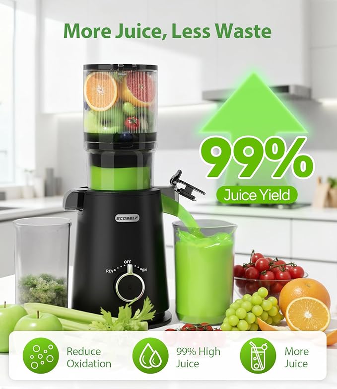 ECOSELF Cold Press Juicer - Large Mouth Hopper For Whole Fruits & Vegetables - Juicer Machines with Hands-Free Design - Slow Masticating Juicers High Juice Yield With Pusher - For Party Gathering