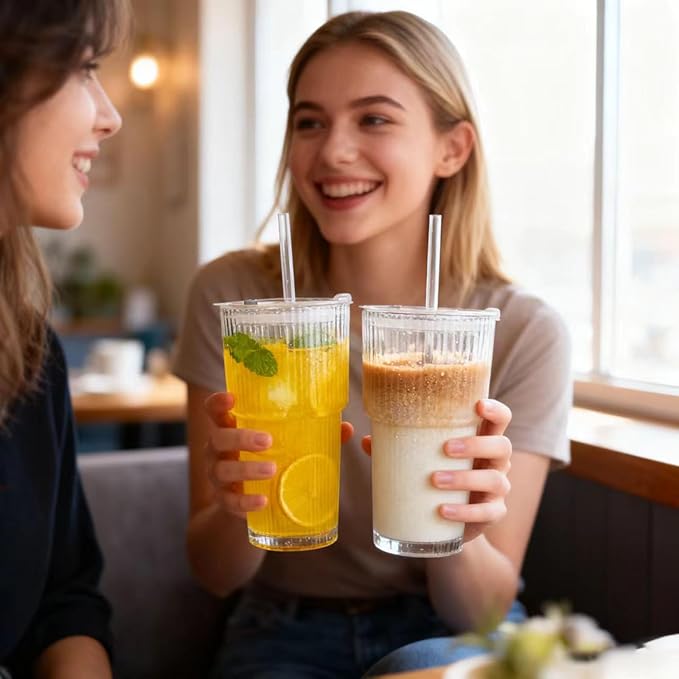 20 oz Glass Tumblers, Iced Coffee Cups with Lids and Glass Straws, Thickened Wall Glass Cups, Ideal for Smoothies, Cocktails, and Juices – Vintage and Durable Drinkware –2 Pack